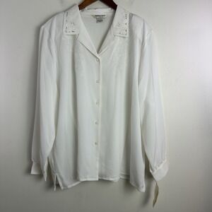 Allison Daley Button Up Womens 22W White Embroidered Floral Feminine Career NEW